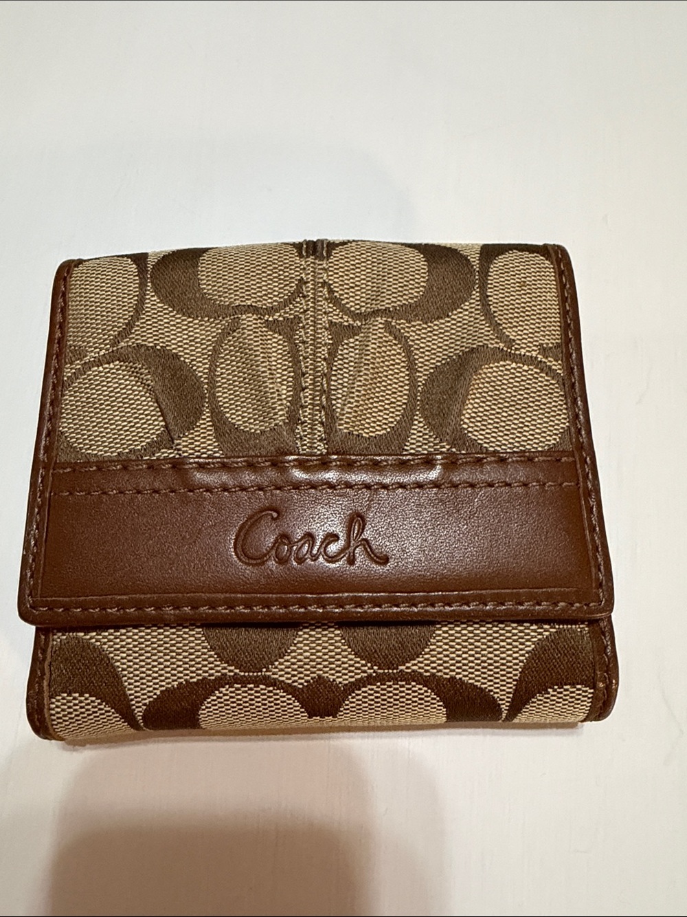 Coach Brown Signature Canvas Compact Trifold Wallet